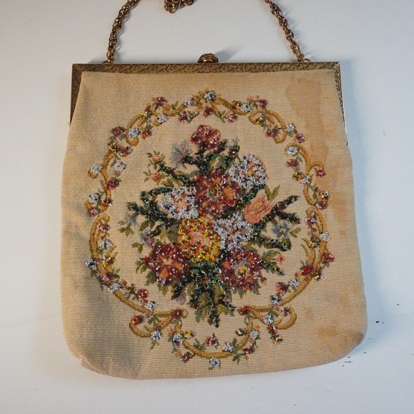 Vintage Delill Floral Beaded Tapestry Handbag Evening Bag Party Purse - Picture 7 of 10